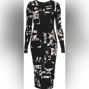Topshop Black/White Alphabet Letter Print Long Sleeve Jersey Bodycon Midi Dress